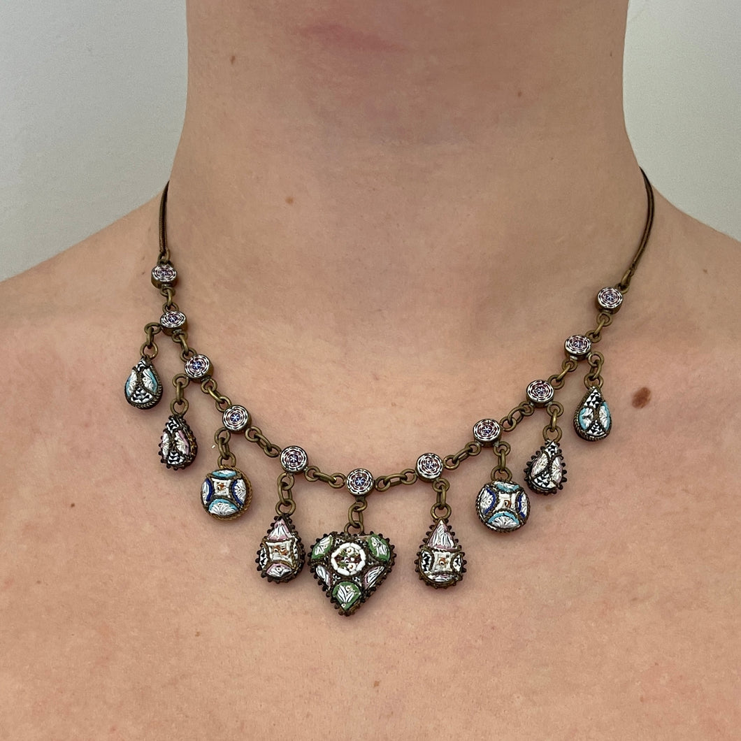 Antique Brass Micromosaic Charm Necklace (19th Century)