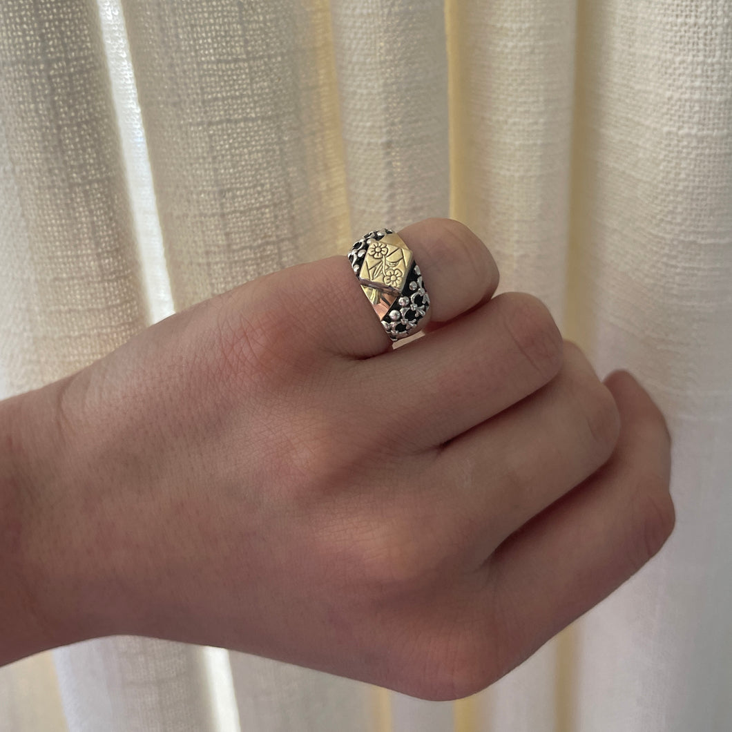 Sterling Silver + Gold Flower Etched Ring